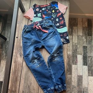 Mini Boden Full Outfit LOT Sea Creature Top Kitten Knee Jeans Size 6-7 🧜🏻‍♀️